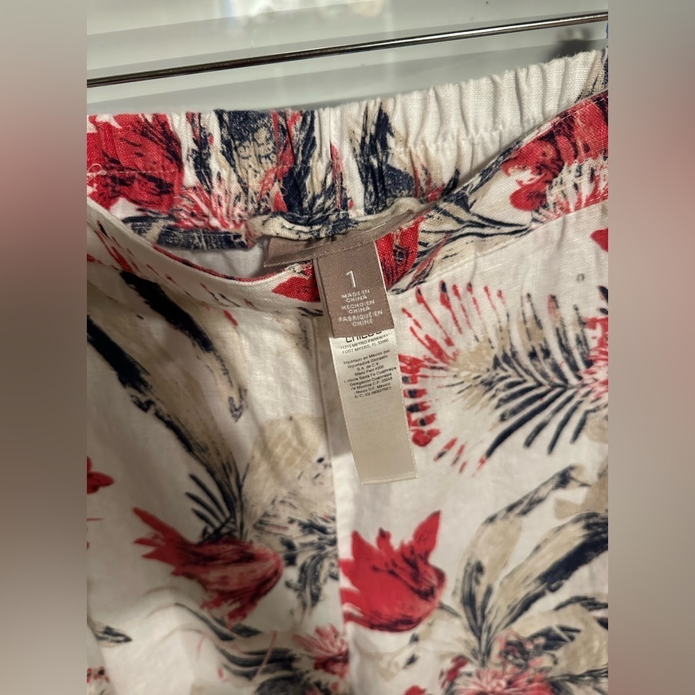 Chicos 100% linen sz 1 white pink blue floral straight leg summer pant Hawaiian - Picture 2 of 6